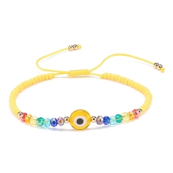 Gold Lampwork Evil Eye & Glass Beaded Bracelet, Braided Adjustable Bracelet for Women, Gold, Inner Diameter: 2-1/2~3-7/8 inch(6.2~9.7cm)