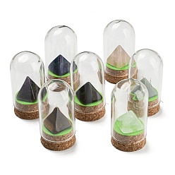 Mixed Stone Natural Gemstone Pyramid Display Decoration with Glass Dome Cloche Cover, Cork Base Bell Jar Ornaments for Home Decoration, 30x58.5~60mm
