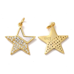 Real 18K Gold Plated 925 Sterling Silver Micro Pave Cubic Zirconia Pendants, Star Charm, with Shell & Jump Ring & 925 Stamp, Real 18K Gold Plated, 16.5x15x1.5mm, Hole: 3mm