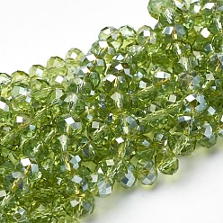 Yellow Green Electroplate Glass Faceted Rondelle Beads Strands, Half Plated, Yellow Green, 6x4mm, Hole: 1mm, about 85~88pcs/strand, 16.1~16.5 inch(41~42cm)