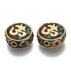 Colorful Handmade Indonesia Beads, with Brass Findings, Flat Round with Om Symbol, Golden, Colorful, 16~17x16x6.5mm, Hole: 2mm