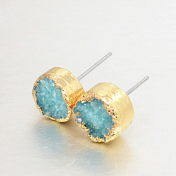 Turquoise Flat Round Natural Druzy Agate Stud Earrings, with Golden Plated Brass Findings, Turquoise, 10x6~7mm, Pin: 0.8mm