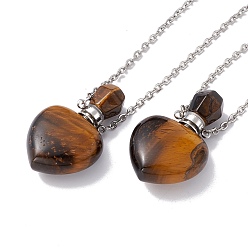 Tiger Eye Openable Heart Natural Tiger Eye Perfume Bottle Pendant Necklaces for Women, 304 Stainless Steel Cable Chain Necklaces, Stainless Steel Color, 18.62 inch(47.3cm)