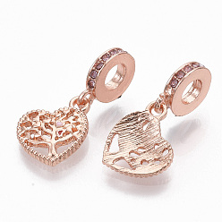 Rose Gold Alloy European Dangle Charms, with Rhinestone and Enamel, Large Hole Pendants, Heart with Tree, Rose Gold, 27mm, Hole: 5mm, Heart: 15x13x2mm