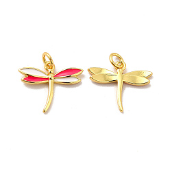 Deep Pink Rack Plating Brass Enamel Pendants, with Jump Rings, Long-Lasting Plated, Lead Free & Cadmium Free, Real 18K Gold Plated, Dragonfly Charm, Deep Pink, 12x15x1.5mm, Hole: 2.5mm