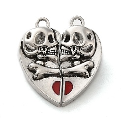 Dark Red Tibetan Style Alloy Enamel Magnetic Clasps, Heart with Skull, Antique Silver, Dark Red, 27.5x24.5x6.5mm, Hole: 2mm