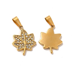 Crystal Ion Plating(IP) 304 Stainless Steel Pendants, with Rhinestone, Maple Leaf Charm, Golden, Crystal, 18x14x2mm, Hole: 6x2.7mm
