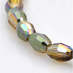 Dark Khaki Half Rainbow Plated Glass Faceted Rice Beads Strands, Dark Khaki, 6x4mm, Hole: 1mm, about 72pcs/strand, 16 inch