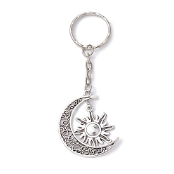 Antique Silver Tibetan Style Alloy Keychain, with Iron Split Key Rings, Moon & Sun, Antique Silver, 9.2cm