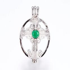 Platinum Brass Micro Pave Cubic Zirconia Locket Pendants, Cage Pendants, with Dyed Jade, Oval, Platinum, 38.5~39x21x24~25mm, Hole: 3x5mm, Inner Measure: 17.5x25mm