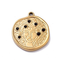 Golden Ion Plating(IP) 304 Stainless Steel Pendants, with Jet Rhinestone, Flat Round with Women Charms, Golden, 23x19.8x2.7mm, Hole: 1.6mm