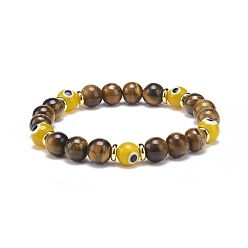 Œil De Tigre Oeil de tigre naturel et mauvais œil au chalumeau bracelet extensible perlé rond, bijoux en pierres précieuses pour femmes, diamètre intérieur: 2 pouce (5.1 cm)