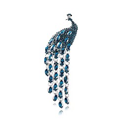 Sapphire Ethnic Style Peacock Long Tassel Pins, Alloy Rhinestone Brooch for Women's Sweaters Coats Suits, Sapphire, 140x35mm