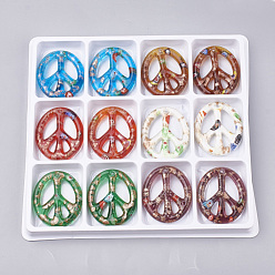 Mixed Color Handmade Gold Sand Lampwork Pendants, Inside Millefiori Glass, Oval with Peace Sign, Mixed Color, 49~50x42~43x6mm, Hole: 3mm, Box Size: 20x19.5x1.3cm, about 12pcs/box