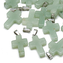 Green Aventurine Natural Green Aventurine Pendants, with Stainless Steel Snap On Bails, Cross, 29~30x18~19x5~6mm, Hole: 6x4mm
