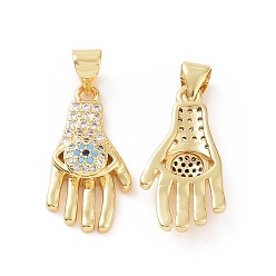 Golden Brass Micro Pave Cubic Zirconia Pendants, Hand with Evil Eye Charm, Golden, 26x11.5x4mm, Hole: 5x3mm