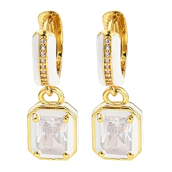 Clear Rack Plating Real 18K Gold Plated Brass Enamel Rectangle Dangle Hoop Earrings, with Cubic Zirconia, Lead Free & Cadmium Free, Clear, 28x9.5mm