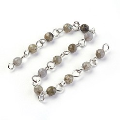 Labradorite Handmade Natural Labradorite Beads Chains, Unwelded, with Iron Eye Pin, Round, Faceted, Platinum, 12~12.5x4~4.5mm, about 39.37 inch(1m)/strand
