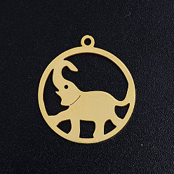 Golden 201 Stainless Steel Pendants, Circle with Elephant, Golden, 22.5x20x1mm, Hole: 1.5mm
