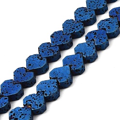 Blue Plated Electroplated Natural Lava Rock Beads Strands, Heart, Blue Plated, 8x8.5x3mm, Hole: 1mm, about 60pcs/strand, 16.54''(42cm)