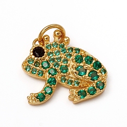 Golden Brass Micro Pave Green Cubic Zirconia Pendants, with Jump Rings, Long-Lasting Plated, Frog, Golden, 15x15x2.5mm, Jump Ring: 5x0.7mm, Inner Diameter: 3.6mm