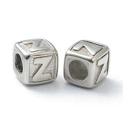 Letter Z 304 acier inoxydable perles européennes, Perles avec un grand trou   , trou horizontal, cube avec la lettre, couleur inox, letter.z, 8x8x8mm, Trou: 4mm