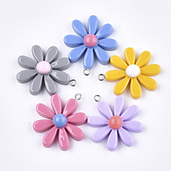 Mixed Color Resin Pendants, with Platinum Tone Iron Findings, Flower, Mixed Color, 33~34x28~30x8~9mm, Hole: 2mm