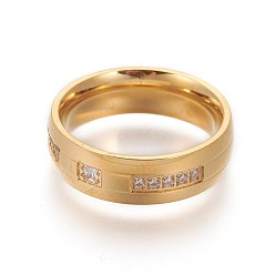 Golden 304 Stainless Steel Finger Rings, Wide Band Rings, with Cubic Zirconia, Golden, Size 6~9, 16~19mm