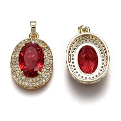 Red Golden Plated Brass Micro Pave Clear Cubic Zirconia Pendants, with Glass, with Snap on Bails, Long-Lasting Plated, Oval, Red, 22.5x16x7mm, Hole: 3x5mm