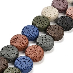 Colorful Natural Lava Rock Beads Strands, Flat Round, Dyed, Colorful, 14~14.5x6mm, Hole: 1.6mm, about 28pcs/strand, 15.75 inch(40cm)