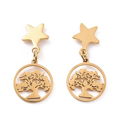 Golden 304 Stainless Steel Star with Tree Dangle Stud Earrings for Women, Golden, 25.5mm, Pin: 0.8mm