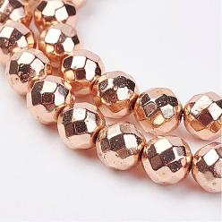 Light Gold Plated Non-magnetic Synthetic Hematite Bead Strands, Faceted, Round, Light Gold Plated, 8mm, Hole: 1mm, about 49~51pcs/strand, 15.3 inch~15.7 inch