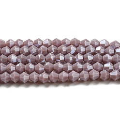 Púrpura Media Hebras de cuentas de vidrio electrochapado de color sólido opaco, lustre de la perla chapado, facetados, bicono, púrpura medio, 4x4 mm, agujero: 0.8 mm, sobre 87~98 unidades / cadena, 12.76~14.61 pulgada (32.4~37.1 cm)
