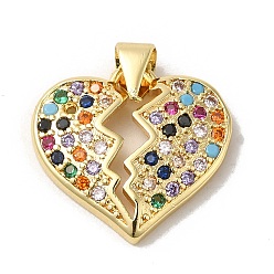 Real 18K Gold Plated Rack Plating Brass Micro Pave Colorful Cubic Zirconia Pendants, Long-Lasting Plated, Lead Free & Cadmium Free, Broken Heart Charms, Real 18K Gold Plated, 16.3x17.5x3mm, Hole: 3.7x3.4mm