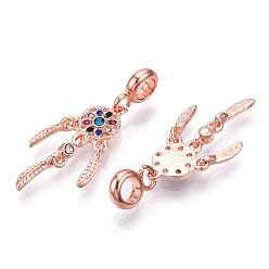 Rose Gold Alloy European Dangle Charms, with Rhinestone, Large Hole Pendants, Woven Net/Web with Feather, Platinum, Rose Gold, 44mm, Hole: 4mm
