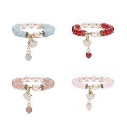 Mixed Stone Natural Mixed Gemstone & Pearl Stretch Bracelet, Alloy Enamel Shell Charms Bracelet for Women, Inner Diameter: 2 inch(5cm)