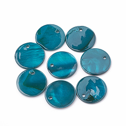 Teal Freshwater Shell Pendants, Spray Painted, Flat Round, Teal, 16x1.5~2mm, Hole: 1mm