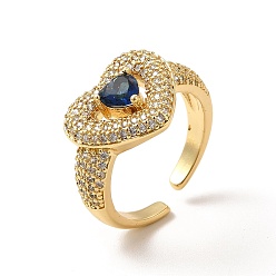 Морской Синий Открытое кольцо-манжета в форме сердца из кубического циркония, настоящие позолоченные украшения из латуни для женщин, без кадмия и без свинца, Marine Blue, внутренний диаметр: 18 мм