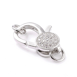 Platinum Brass Micro Pave Clear Cubic Zirconia Lobster Claw Clasp, with Jump Rings, Long-Lasting Plated, Platinum, 20x13x5mm, Hole: 4mm