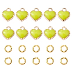 Green Yellow Heart Alloy Enamel Charms, with Brass Open Jump Rings, Green Yellow, Charms: 8x7.5x2.5mm, hole: 1.5mm, 10pcs; Jump Rings: 20 Gauge, 4x0.8mm, Inner Diameter: 2.4mm, 10pcs