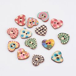 Mixed Color Wooden Buttons, 2-Hole, Heart, Mixed Color, 16x18x2.5mm, Hole: 1.5mm