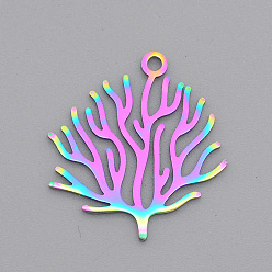 Rainbow Color Ion Plating(IP) 201 Stainless Steel Pendants, Laser Cut, Coral Shape, Rainbow Color, 23.5x22x1mm, Hole: 1.8mm