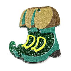 Shoes Opaque Printed Acrylic Pendants, with Glitter Powder, Saint Patrick's Day, Shoes, 36x35x2mm, Hole: 1.6mm
