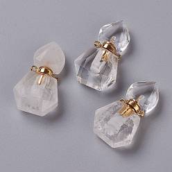 Quartz Crystal Hexagon Natural Quartz Crystal Perfume Bottle Pendants, with 304 Stainless Steel Findings, Faceted, Golden, 27~27.5x16~17x8mm, Hole: 1.4mm, Capacity: 0.1ml(0.00fl. oz)