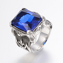 Blue 304 Stainless Steel Finger Rings, with Cubic Zirconia, Rectangle, Blue, 17~22mm