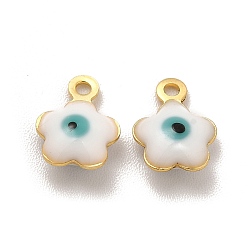 White 304 Stainless Steel Enamel Charms, Flower with Evil Eye Charm, Golden, White, 8.5x6.5x2.5mm, Hole: 1mm