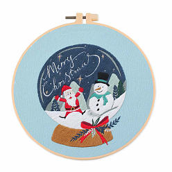 Bonhomme de neige Kits de broderie de thème de noël bricolage, y compris le tissu en coton imprimé, fil à broder et aiguilles, cercle à broder en plastique, bonhomme de neige, 200x200mm