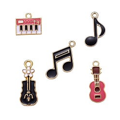 Mixed Color 30Pcs 5 Style Light Gold Plated Music Theme Alloy Enamel Pendants, Electronic Organ & Eighth note & Sixteenth note & Violin & Guitar Shape, Mixed Color, 30pcs/box