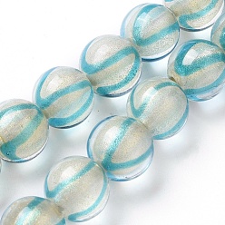Turquoise Handmade Lampwork Beads Strands, Gold Powder, Round, Turquoise, 12x11~11.5mm, Hole: 1.6mm, about 30pcs/strand, 13.1 inch(33.5cm)