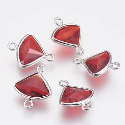 Red Glass Links connectors, with Brass Findings, Faceted Fan, Real Platinum Plated, Red, 12.5x10x3mm, Hole: 1mm